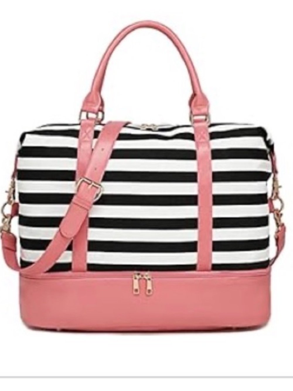Striped Black & White Weekender Bag with Pink Trim